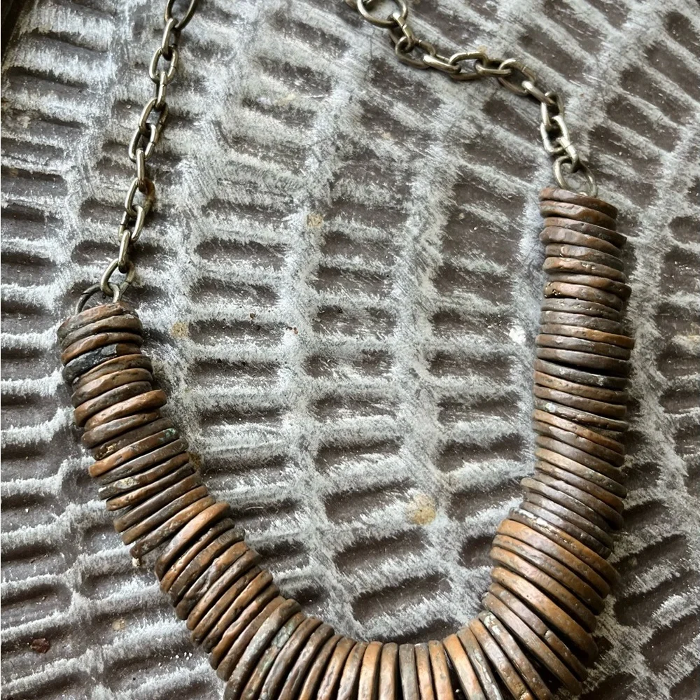 SOLD Pam Hiran BronzeCopper Disc Necklace on Steel Chain 16-20” Vintage - Picture 7 of 7